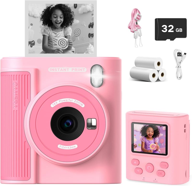 zicor Kids Camera Instant Print for 3-12 Year Olds, HD Digital Instant Print Camera for Boys & Girls, Ideal Christmas Birthday Gift with 32GB SD Card, Easy to Use - Pink - Image 1